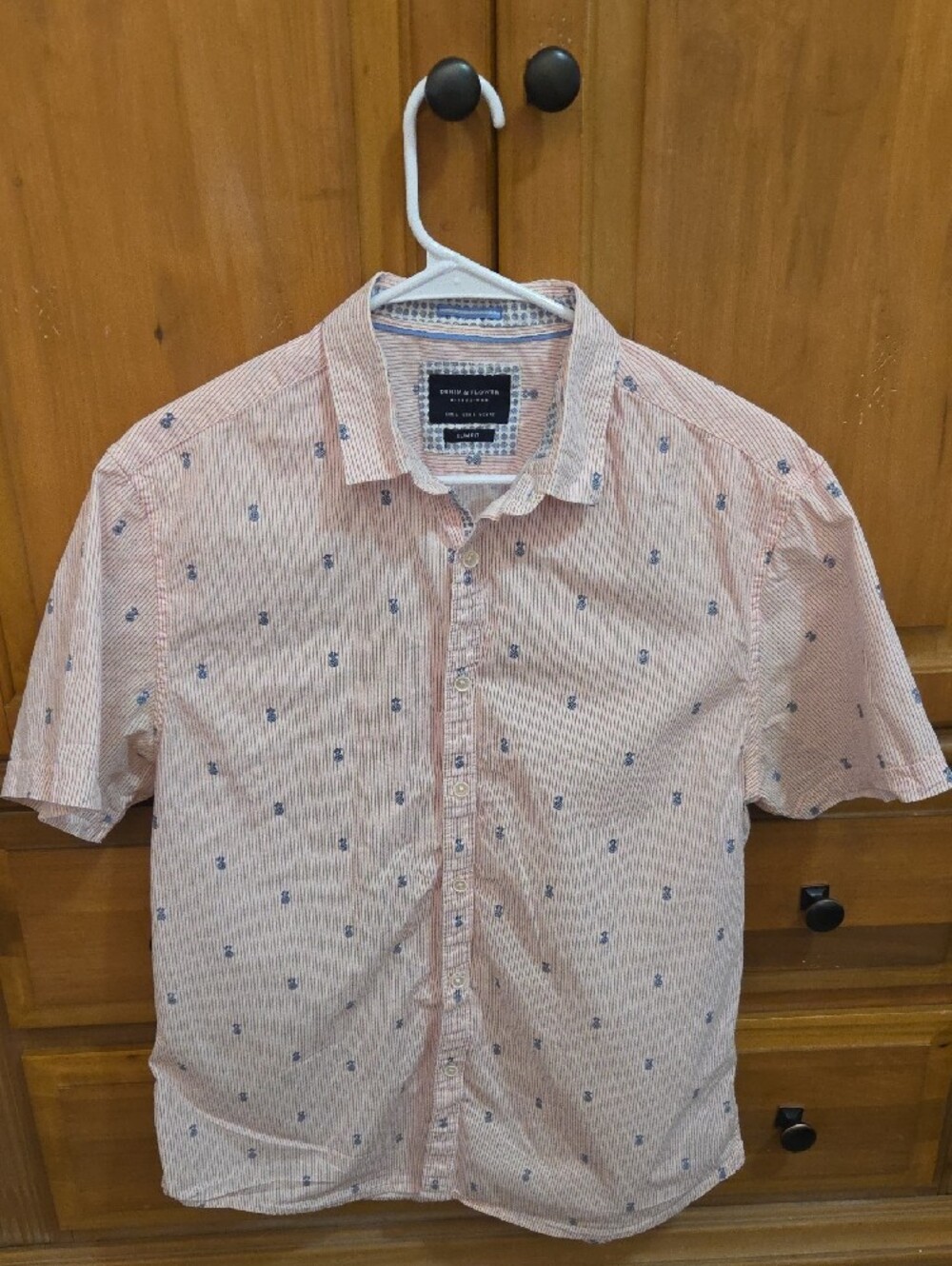 Denim & Flower Ricky Singh Shirt Short Sleeve Mens Pineapple Red Stripe Slim L